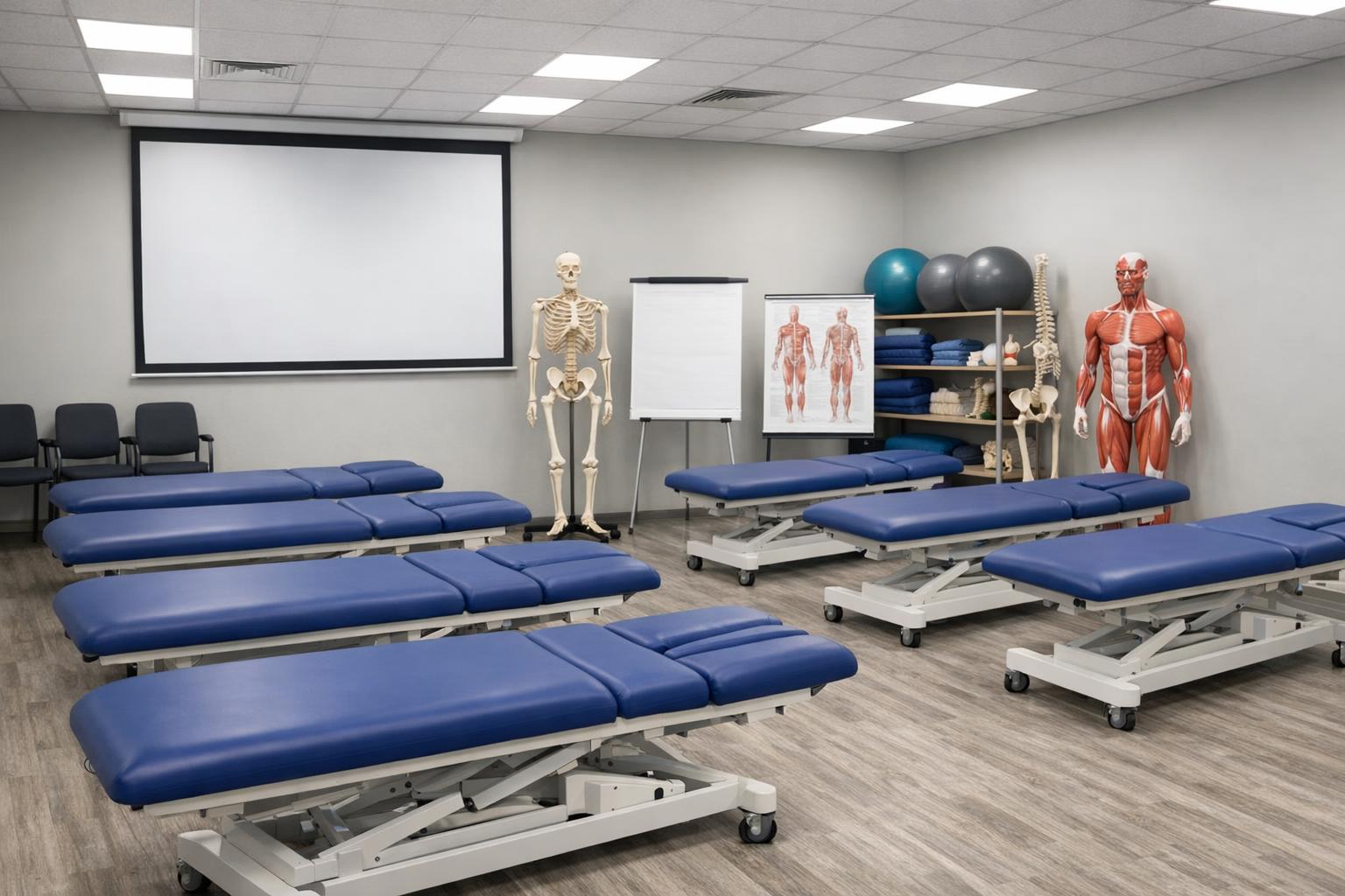 sala szkoleniowa dla fizjoterapeutów z leżankami i modelem anatomicznym