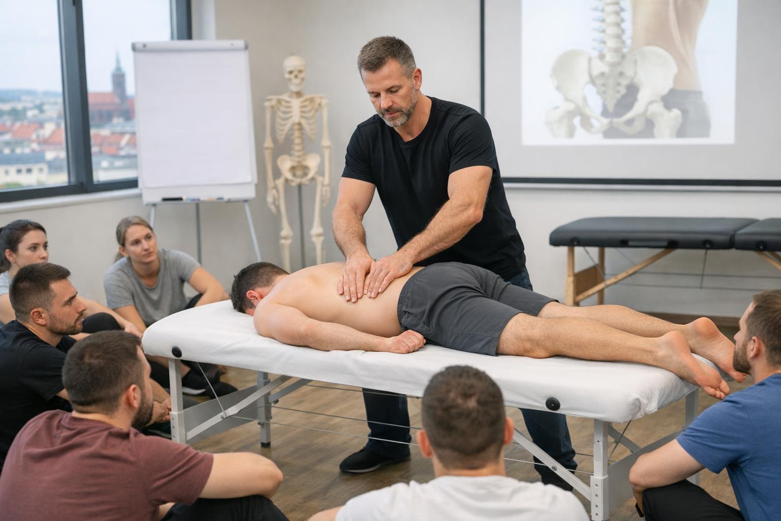 instruktor demonstrujący technikę terapii manualnej podczas kursu we Wrocławiu