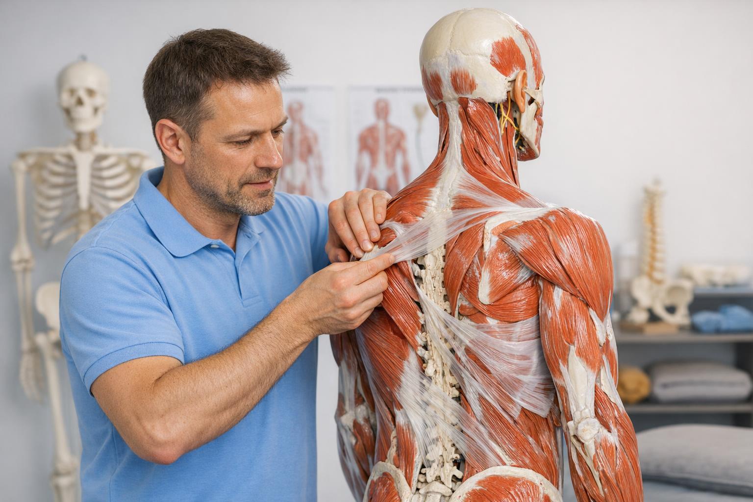 fizjoterapeuta demonstrujący technikę terapii powięziowej na modelu anatomicznym
