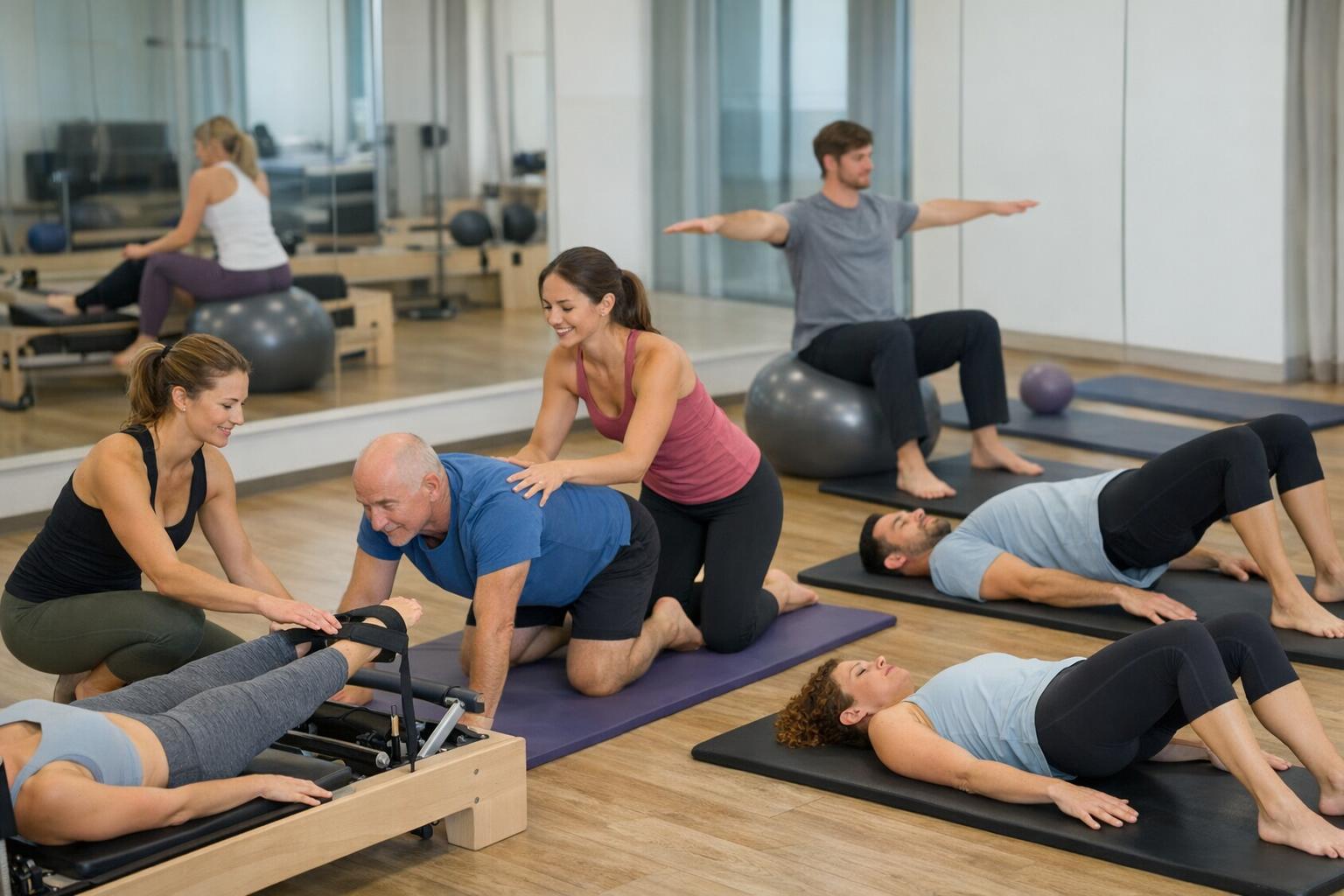 Grupa uczestników kursu pilates podczas praktycznych zajęć