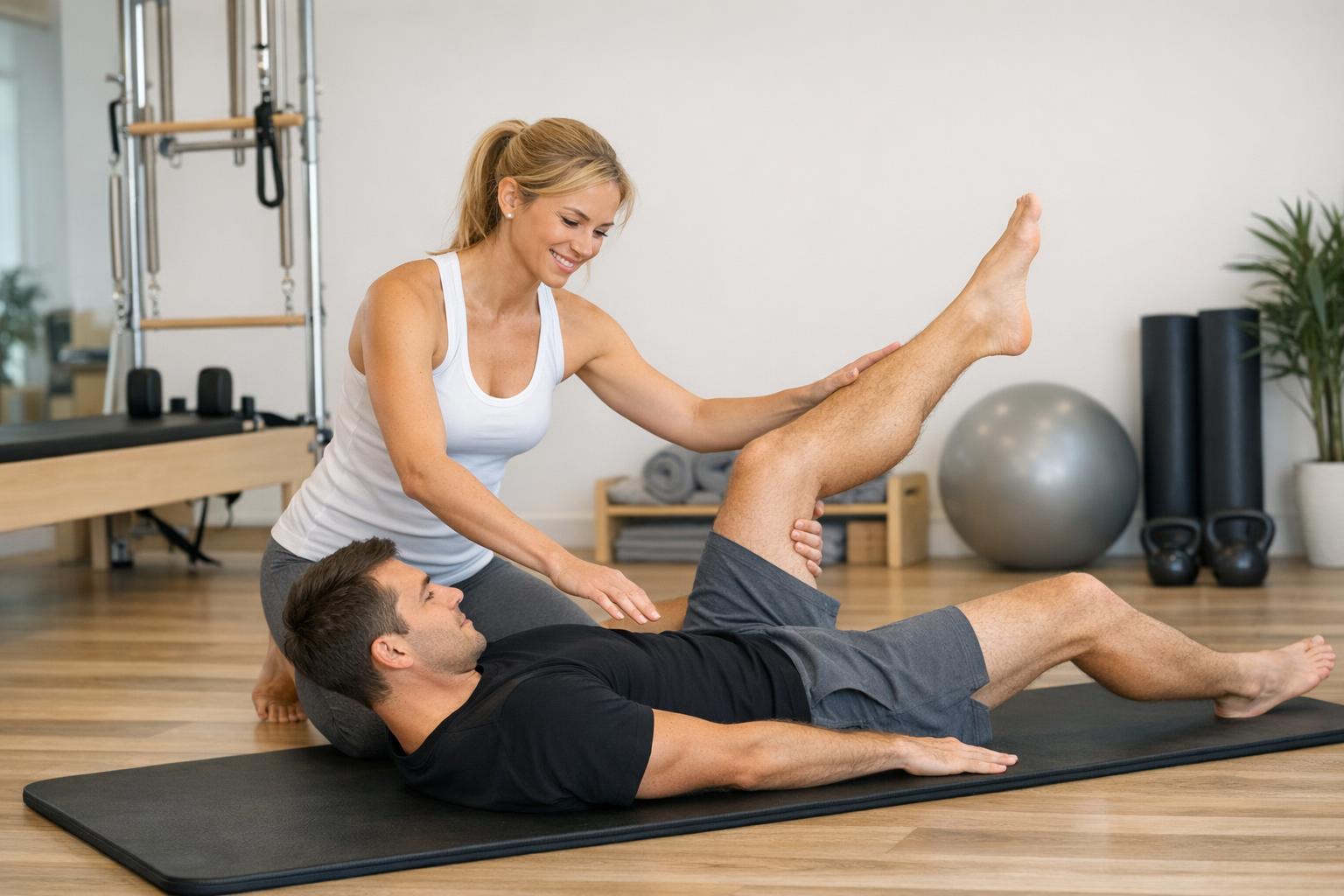 Zdjęcie: instruktorka pilates pokazująca technikę na macie klientowi