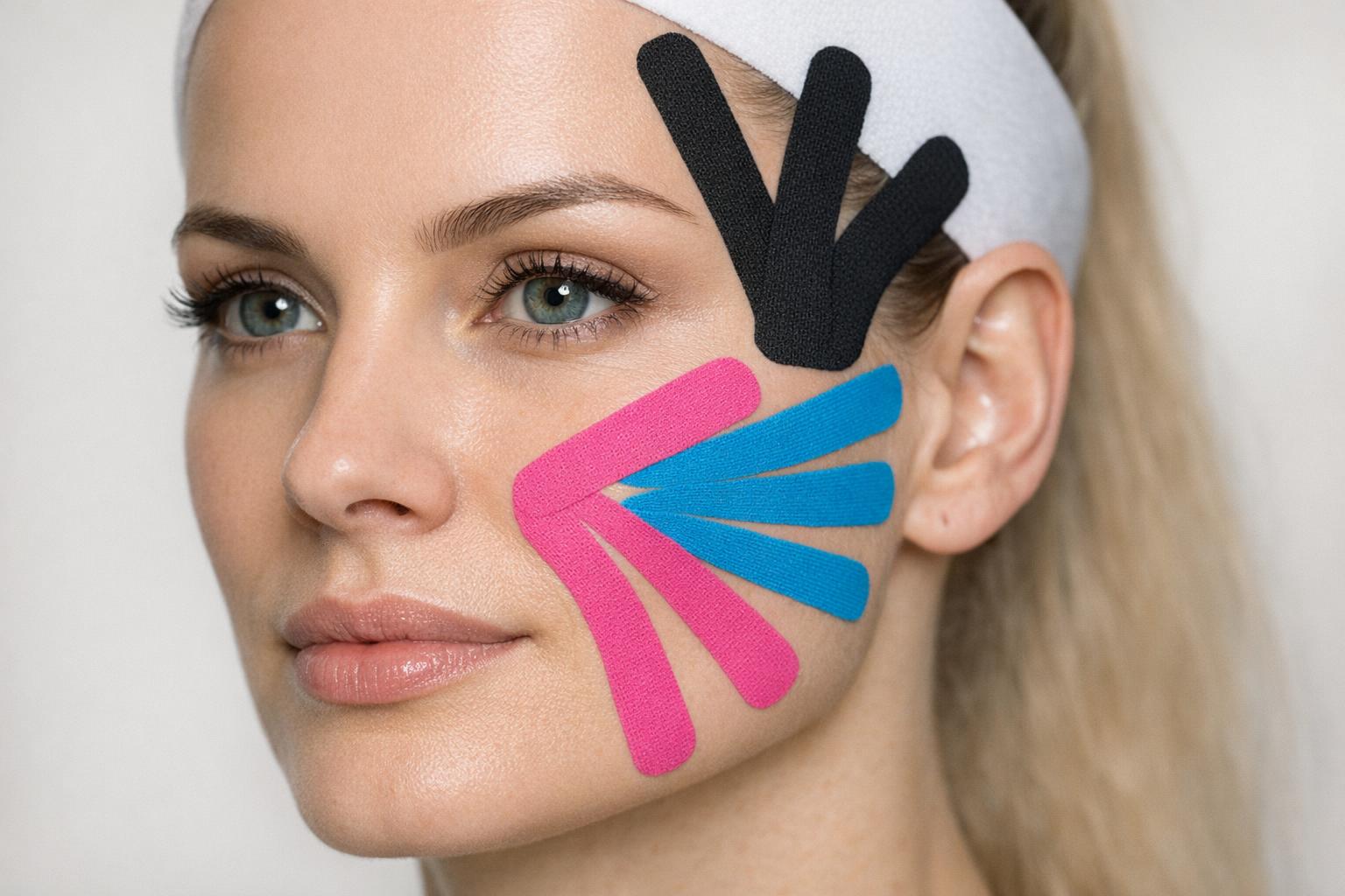 użycie taśmy kinesiotaping na modelu twarzy pokazane z bliska