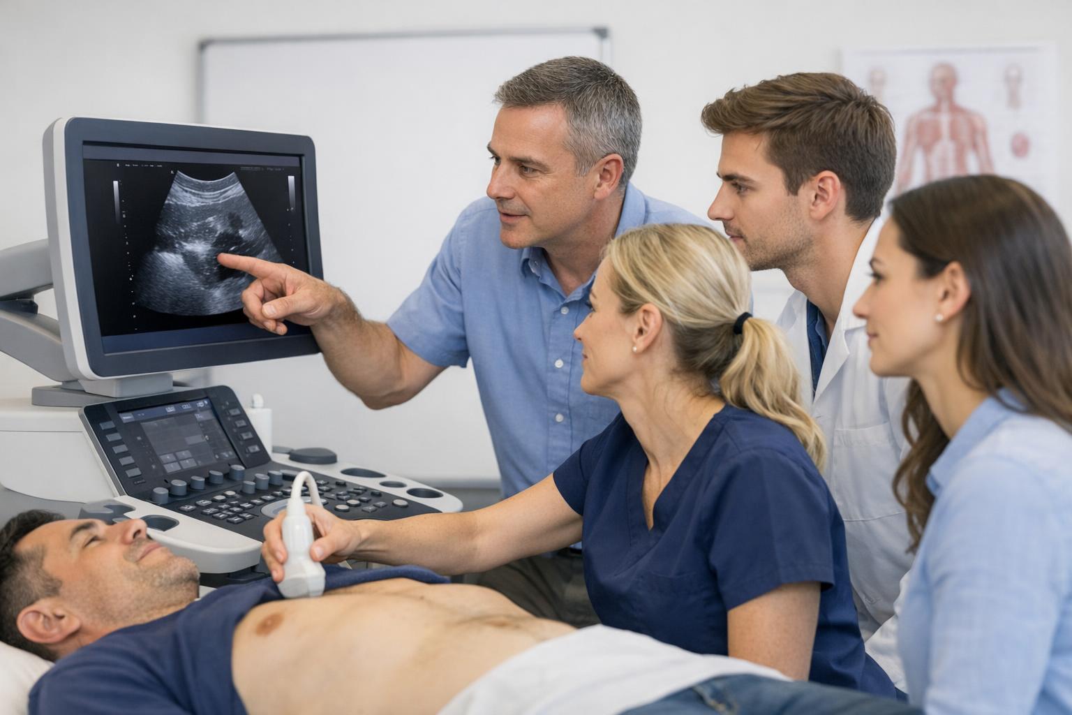 Opis zdjęcia: uczestnicy kursu USG podczas zajęć praktycznych z ultrasonografem
