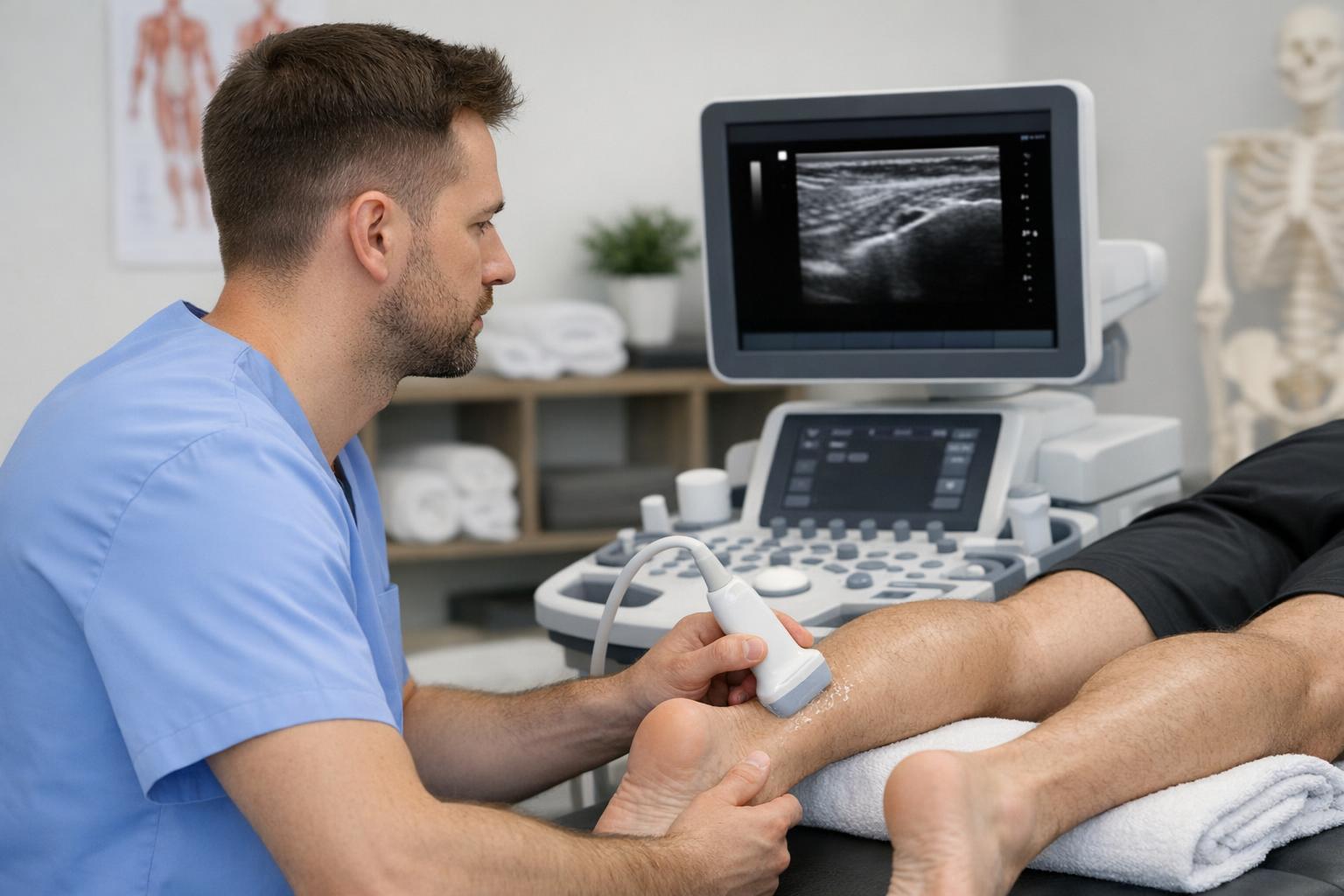 Opis zdjęcia: fizjoterapeuta używający ultrasonografu do oceny ścięgna pacjenta