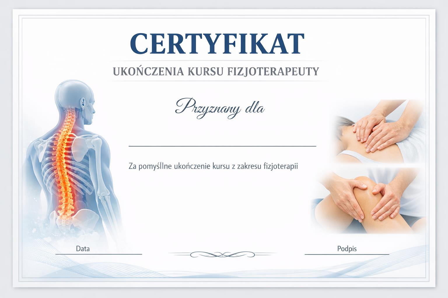 Certyfikat ukończenia kursu fizjoterapeuty